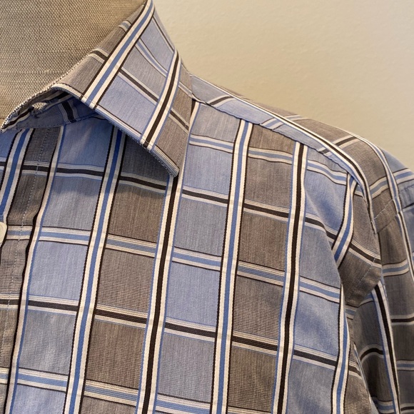 Bugatchi Mens Blue Gray Plaid w Gray Cuffs & Inside Collar / Size S / Fitted - Picture 2 of 13